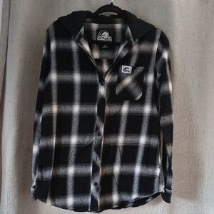 Black and White Plaid Button-Down Hooded Shirt
